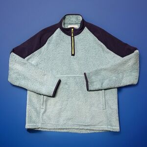 Outerknown Skyline Popover‎ Sweater Men's L Aqua Blue Deep Pile Sherpa 1/4 Zip
